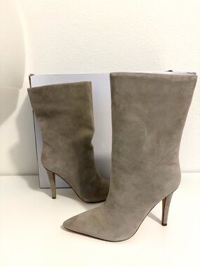 Nine West Taupe Suede Pointed-Toe Stiletto Mid-Calf Boots